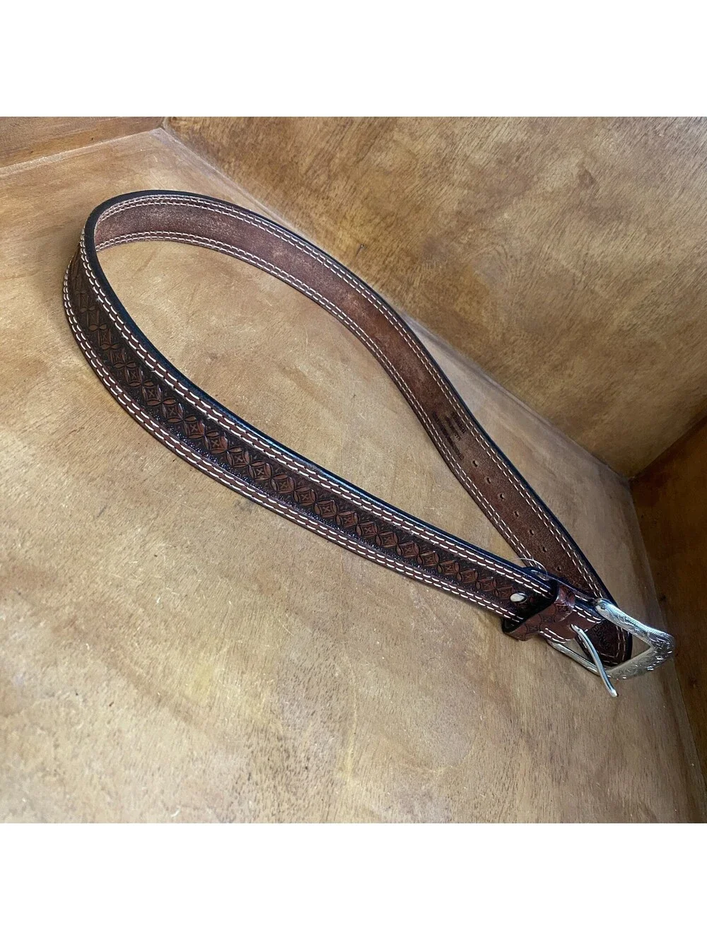 Ranger Belt Co Western Tooled Brown Leather 36 Silver Engraved Buckle Floral